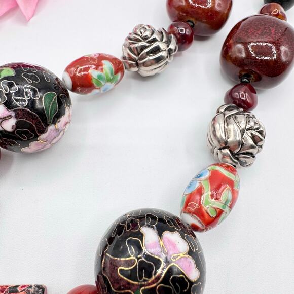 Handmade Chunky Beaded Necklace Unakite Cloisonné Ceramic Glass Eclectic Heavy - Picture 5 of 16
